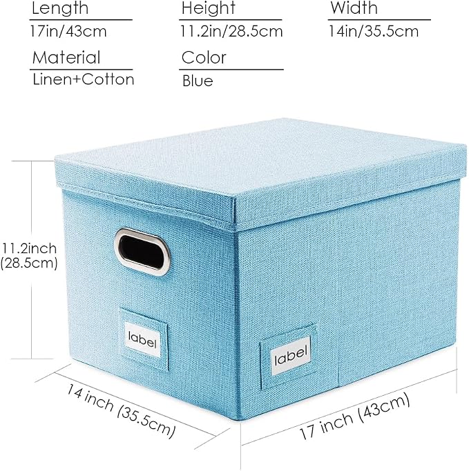File Organizer Box - Set of 4 Collapsible Decorative Linen Filing Storage Hanging File Folders with Lids Office Cabinet Letter/Legal Size Blue 17.1x14x11.1 inch - Image 7