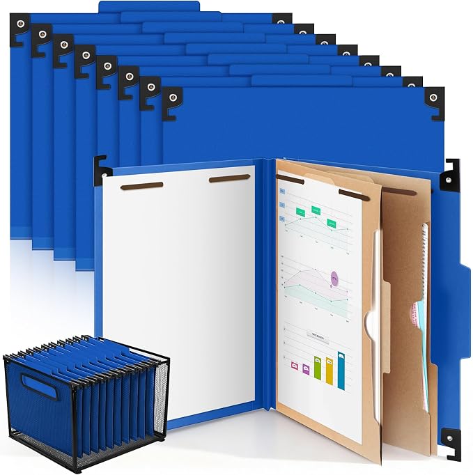 Henoyso 15 Pcs Hanging Classification Folders,2 Pocket Dividers,Dark Blue | Letter Size, Hanging File Folders with 2 Pockets, 3" Expansion, 6 Prong Fasteners, 1/3 Tab Cut, 6 Sections, Pressboard Manila by Henoyso
