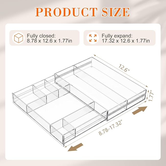 Briwooody Clear Acrylic Drawer Organizer Expandable,11 Compartments,Small | 9'' up to 18'' x 12'' x 2.1'' Desk Drawer Organizer Trays Adjustable with Desk Accessories for Makeup Office Bathroom - Image 2