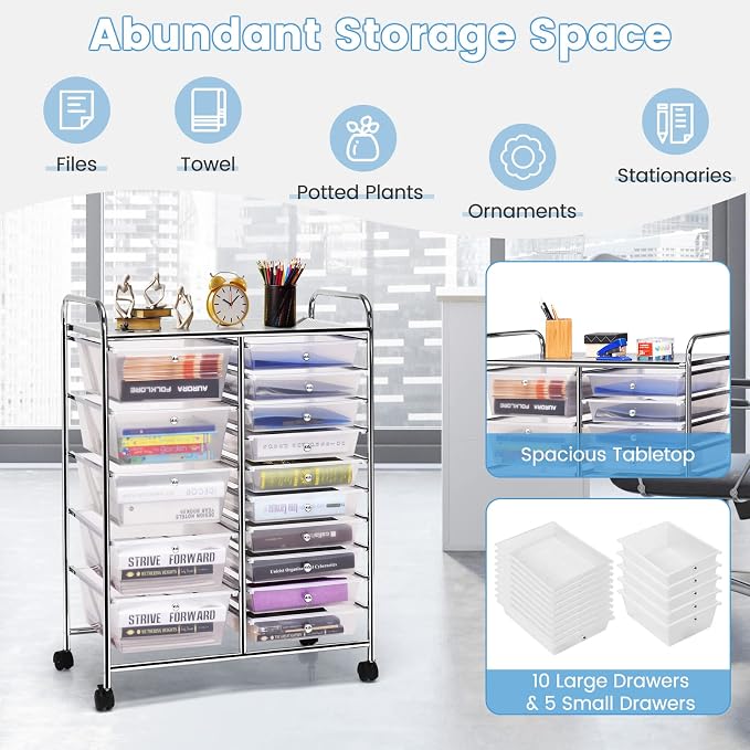COSTWAY 15 Drawer Rolling Storage Cart, Mobile Storage Organizer | Removable Drawers & Metal Frame, Multipurpose Utility Tools Paper Organizer on Wheels for Home, Office (Transparent) - Image 4