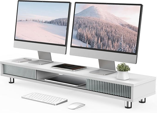 Fenge Dual Monitor Stand with Storage, Desk Shelf with Glass Sliding Door | Ergonomic Height Adjustment, 42.5in Monitor Shelf, 2-Tier Monitor Riser, Desk Organizer for Screen, PC, Laptop, White by Fenge