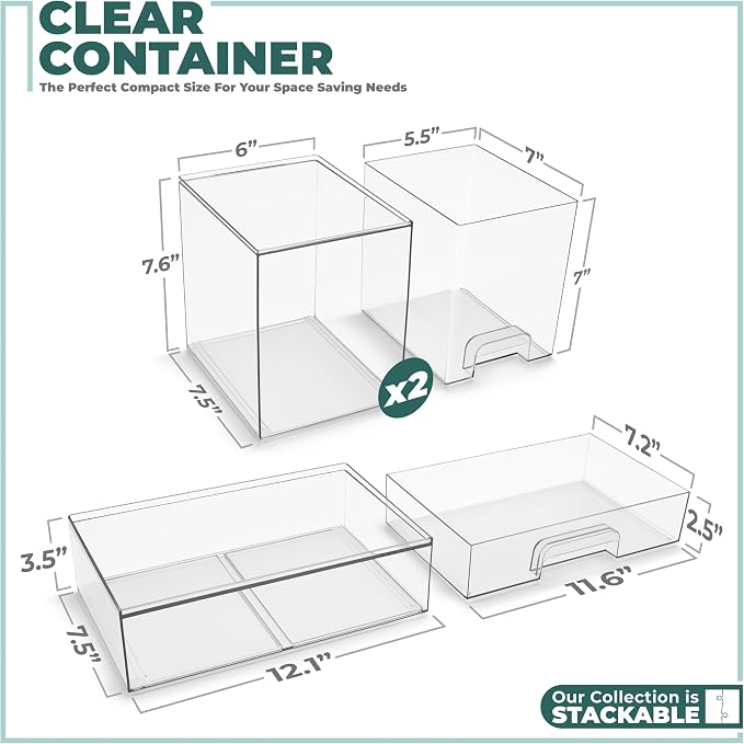 Sorbus Acrylic Storage Containers - 3 Pack, Stackable Storage Bins Set for Bathroom Organization - Clear Acrylic Drawer Organizers - Makeup Case Pull-Out Drawers (7.6’’ Tall and 12.1’’ Wide) - Image 3