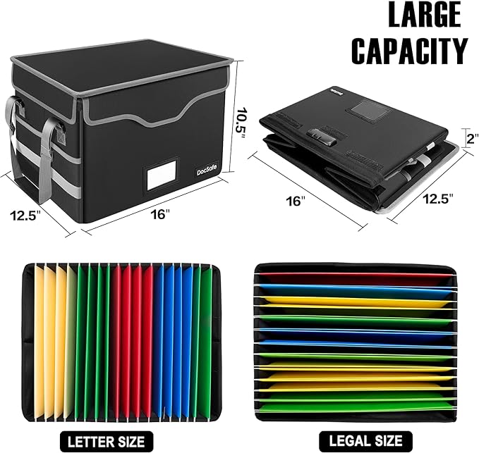 DocSafe Fireproof Document Box with Lock, File Storage Organizer with Mesh Pockets, Collapsible Portable File Box Home Office Safe Filing Cabinet with Handle for Hanging Letter/Legal Folder, Black - Image 5