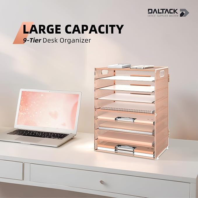9-Tier Paper Organizer for Desk, Metal Letter Tray with Handles, Gold Rose | Desk File Organizer with Removable Trays for Sorting Files, Folders, Mail and Printer Paper at Home, School or Office - Image 3