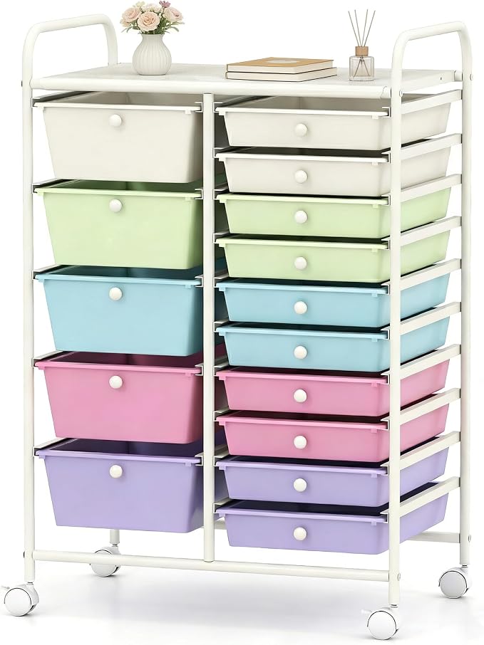 DORTALA 15-Drawer Rolling Storage Cart with Drawers, Rolling Utility Cart w/Removable Drawers & Universal Wheels, Tools Scrapbook Paper Organizer for School, Office, Home, Classroom (Ice Cream) by DORTALA
