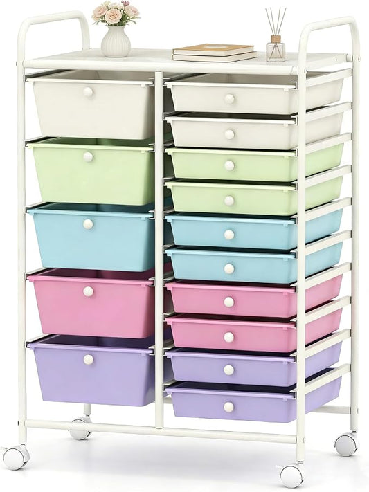 DORTALA 15-Drawer Rolling Storage Cart with Drawers, Rolling Utility Cart w/Removable Drawers & Universal Wheels, Tools Scrapbook Paper Organizer for School, Office, Home, Classroom (Ice Cream) by DORTALA