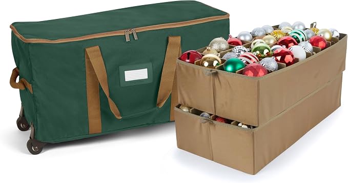 Covermates Keepsakes Rolling Adjustable Ornament Storage Bag – Heavy-Duty Polyester, FlexGrid Trays & Padded Dividers – Protective Holiday Organizer with Wheels, Handles & ID Window, Green by Covermates