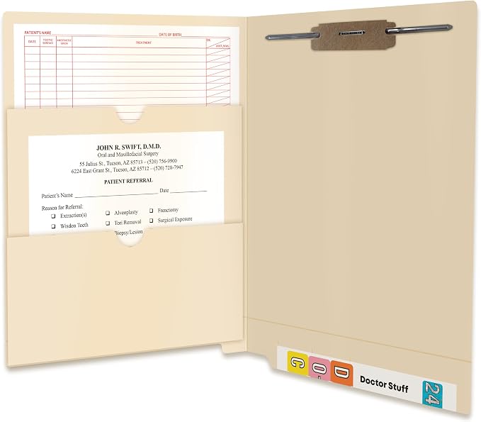 Pocket File Folders, Doctor Stuff, Reinforced End Tab Folder with Double Pocket on Inside, Fastener in Position 1, 11 pt Manila Stock, Carton of 250 - Image 2