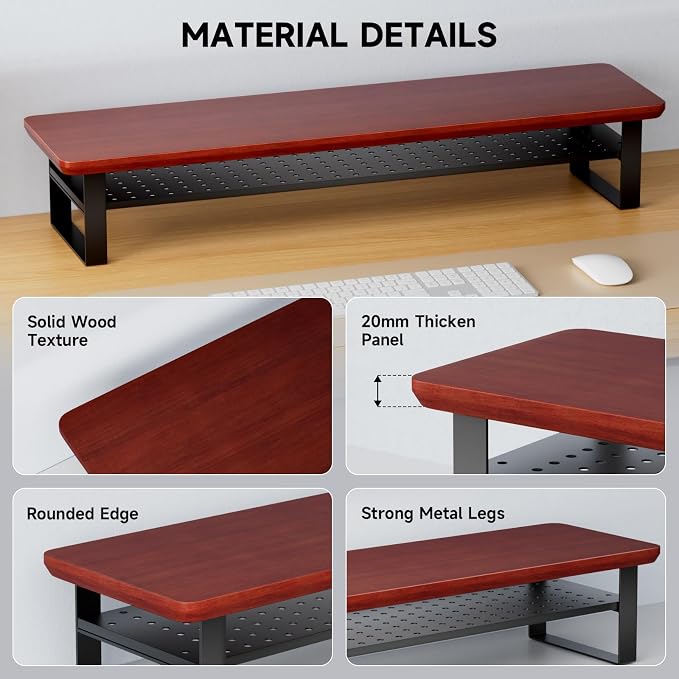 Dual Monitor Stand, 35.4 Inch Monitor Stand Riser for 2 Monitors, 2 Tiers Wood Desk Shelf with Storage, Desktop Organizer Stand for Computer, Laptop, Printer, TV - Image 5