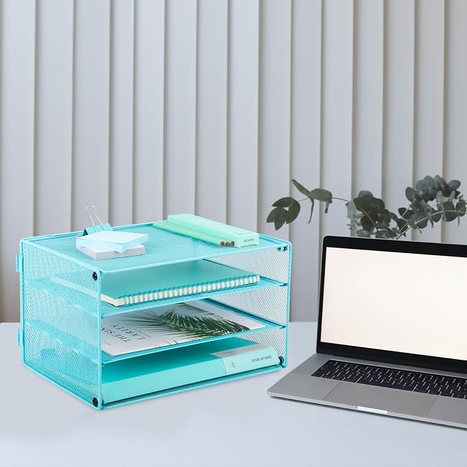 Paper Organizer Tray, 3 Tier Mesh Desk File Organizer Letter Sorter Holder for Home Office, Blue - Image 3