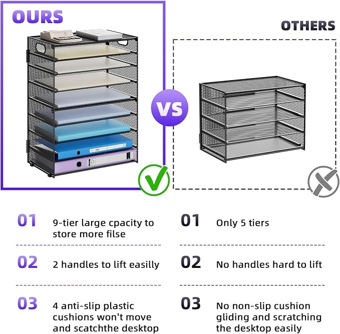 Marbrasse Paper Organizer Letter Tray, 9 Tier Mesh File Organizer with Handle, Paper Sorter Desk Organizer for Home Office Supplies - Image 2