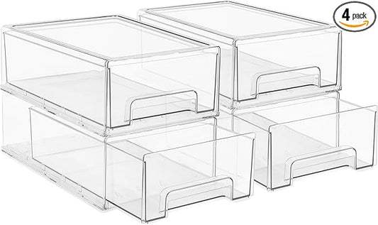 Sorbus Medium Clear Stackable Storage Drawers – 4-Pack Plastic Organizer Bins with Handles – Stackable Pull-Out Storage Drawers for Closet, Pantry, Office, Bathroom, Craft, and Toy Organization by Sorbus