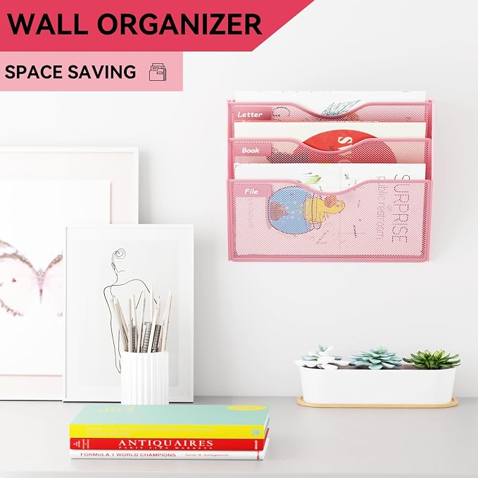3 Pockets Hanging Wall File Organizer Mail Holder, Wall Mounted Paper Document Folder Holder, Clipboard Storage Organization Magazine Rack, Pink - Image 2