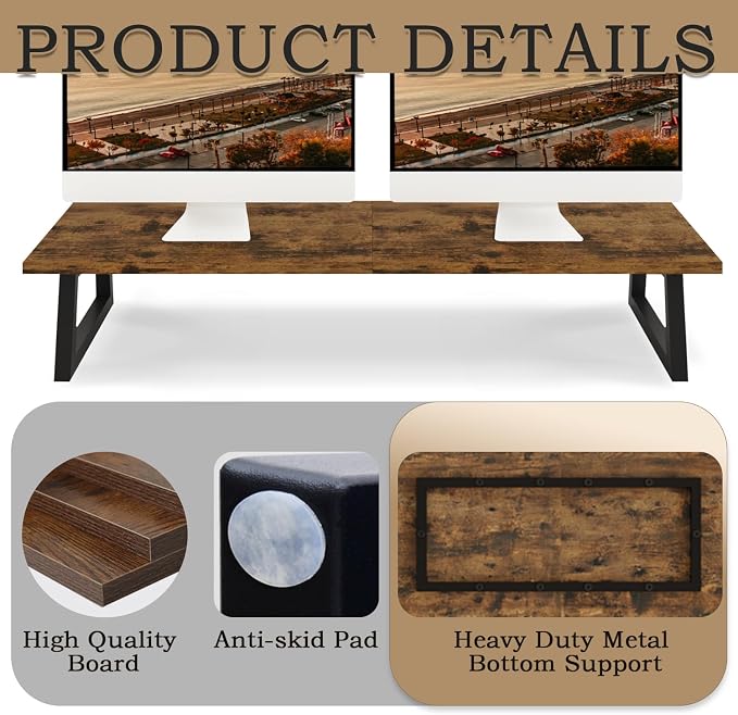 TEAMIX 31.5 inch Dual Monitor Stand Riser, TV Riser, Wood Desk Organizer | For 2 Monitors/Laptop/Printer, Long Computer Stand, Wood & Steel, Holds 150 lbs, PS5/Keyboard Storage, For Home Office Gaming - Image 5