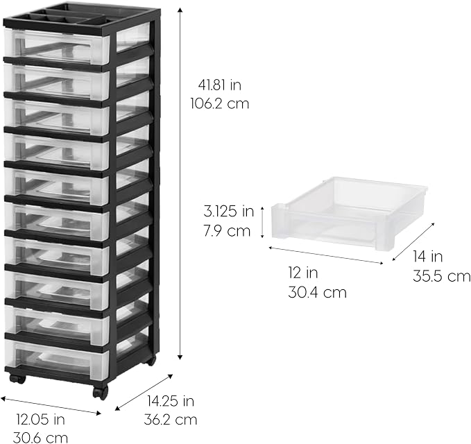 IRIS USA 10-Drawer Rolling Storage Cart, Black/Clear | Keep craft supplies, office essentials, classroom items, and accessories organized with easy-access drawers for daily use - Image 3
