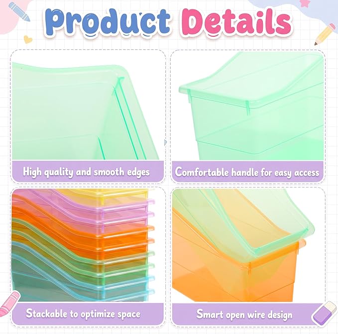 Blosssound 12 Set Book Bins for Classroom with Label Sticker Book Box Baskets Plastic Stackable Organizing Bins Storage & Organization for Classroom Library Home School Supplies (Translucent Pastel) - Image 3