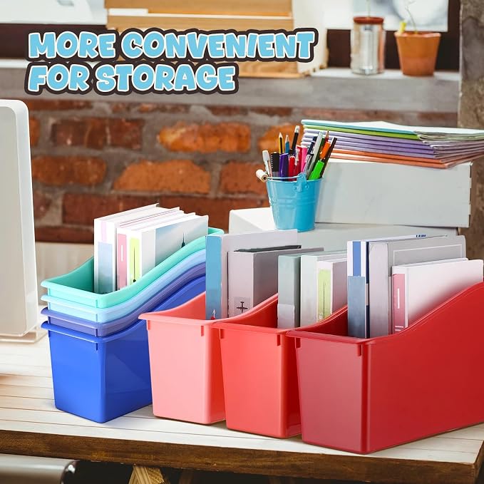 Teling 24 Pcs Plastic Book Bins Bulk for Classroom Interlocking Magazine Holder Organizer Folder Binder Storage Container Box with Name Labels for School Office Home Supply (Retro Earth Tone) - Image 6