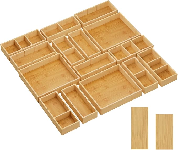 Lifewit Drawer Organizer 15 Pack(33 Grid) with 18 Inserts | Adjustable Bamboo Wooden Trays for Utensils, Silverware, Makeup, Kitchen, Bathroom, Office, Vanity Storage by Lifewit