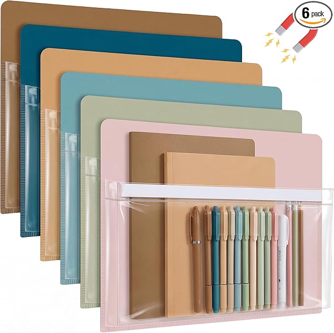 Fuutreo 6 Pack 12 x 9.5 Inch Magnetic File Holder,Mocha Mousse,Horizontal | Clear Pocket, Label Insert, Wall File Organizer for Whiteboard Fridge Locker Office, Magazine Holder for Paper Mail by Fuutreo
