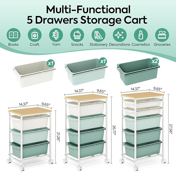 KINGBOARD Slim Rolling Cart with 4 Drawers, Metal Utility Storage Cart | Wooden Tabletop, Lockable Wheels, Table Side Trolley for Bedroom, Children's Room and Office Organization, Green - Image 2