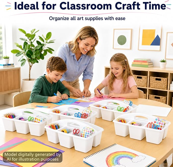 6 Pack Assorted Colors 6 Compartment Classroom Caddy with Handle Portable Plastic Storage Classroom Caddies Organizer for Classrooms Supply Teacher Office Table Desk(White) - Image 7