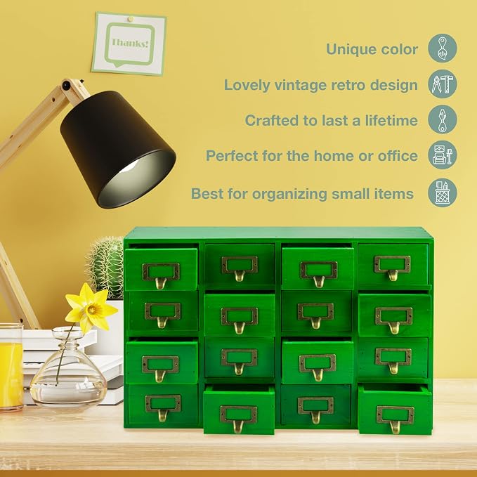 Emerald Green Wood 16-Drawer Apothecary Small Cabinet - 20"x3.6”x14” Card Catalog Style Table Top Organizer - Wooden Storage Box w/16 Drawers - 4-Level Countertop Organizer w/Label Holders & Handles - Image 5