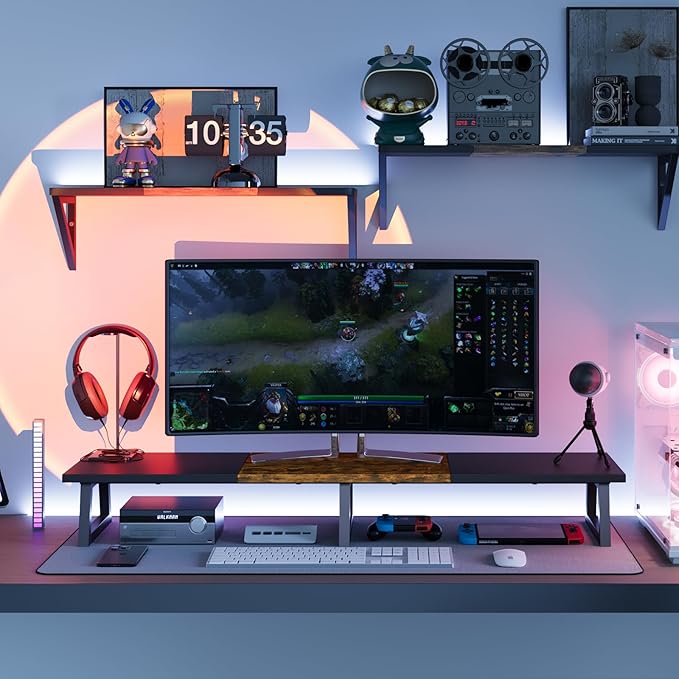 TEAMIX 42 inch Large Dual Monitor Riser, Desk Organizer Stand for TV Laptop | Extra Long Computer Stand Shelf, Wood & Steel TV Riser, Holds 300lbs, Keyboard & PS5 Storage Below, For Home Office & Gaming - Image 6