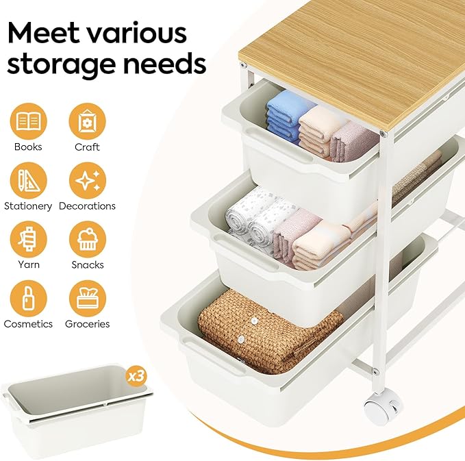 KINGBOARD Slim Rolling Cart with 3 Drawers, Metal Utility Storage Cart | Wooden Tabletop, Lockable Wheels, Under Desk Trolley for Bedroom, Children's Room and Office Organization, White - Image 3
