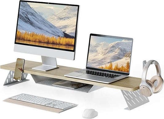 Fenge Dual Monitor Stand, Wooden Desk Shelf with Headphone & Phone Holder | 42.5" Monitor Riser with Storage Shelf, 2-Tier Monitor Shelf with Metal Leg for Home Office Organizer, Oak by Fenge