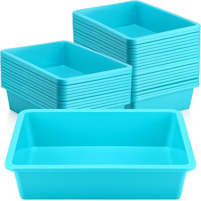 18 Pcs Flat Storage Organizer Bins Letter Size Paper Tray Classroom Storage Plastic Art Trays Classroom Pencil Organizer Baskets for School Office Teacher Book Organization(Light Blue) by Hoteam