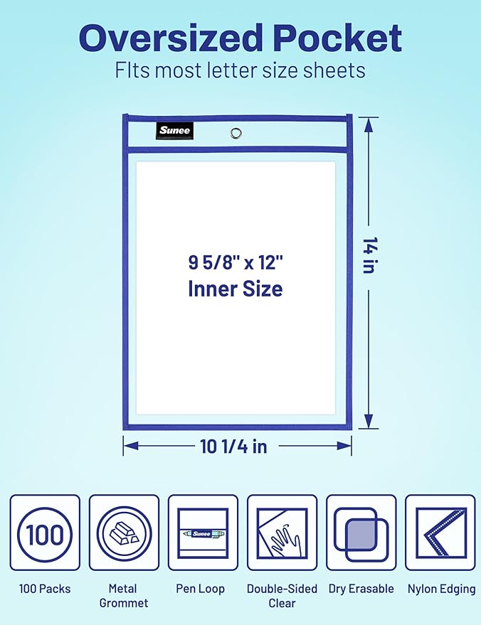 SUNEE 100 Packs Oversized Reusable Dry Erase Pocket Sleeves with 5 Rings, 10 Assorted Colors 10x14 Ticket Holders, Clear Plastic Sheet Protectors, Teacher School Classroom Supplies - Image 2