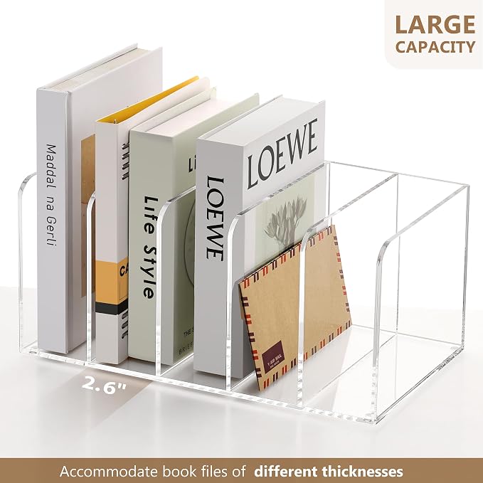 SANRUI Acrylic Magazine Holder Desk Organizer Workspace Sorters, Clear Bookend File Sorter Folder Rack For Home Office Accessories Organization Storage with 5 Vertical Compartments - Image 8