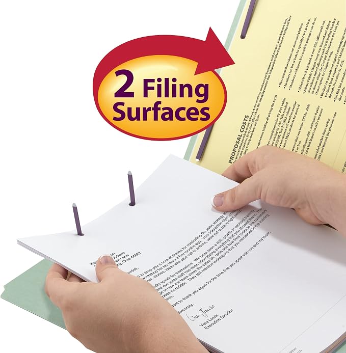 Smead Pressboard Fastener File Folder with SafeSHIELD Fasteners, 2 Fasteners, Straight-Cut Tab, 2" Expansion, Letter Size, Gray/Green, 25 per Box (14910) - Image 3
