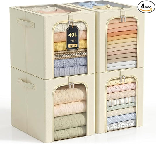 GoMaihe Clothes Storage Bins with Metal Frame for Closet, 40L 4-Pack Beige | Sweaters Hoodies Jeans T-Shirt, Closet Top Shelf Organizer, Collapse-Proof Stackable, Clear Window, Dual Access Space Saving by GoMaihe