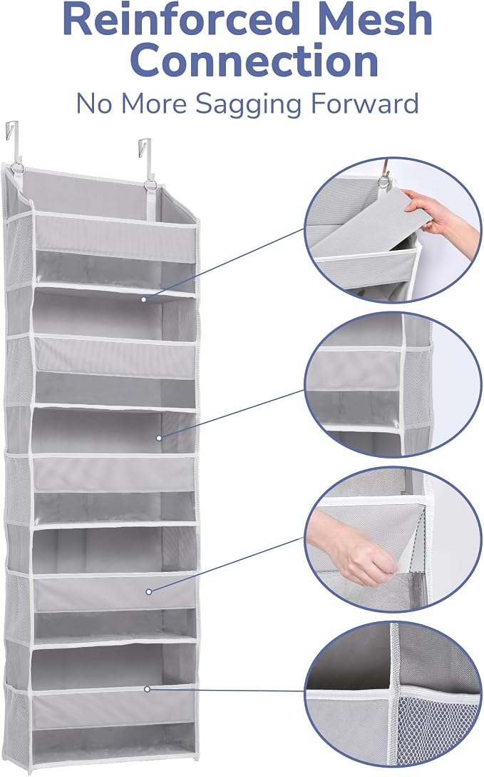 ULG 1 Pack Over Door Organizer with 5 Large Pockets 10 Mesh Side Pockets, 44 lbs Weight Capacity Hanging Storage Organizer with Clear Window for Kids Toys, Shoes, Diapers, Grey, 5 Layer - Image 8