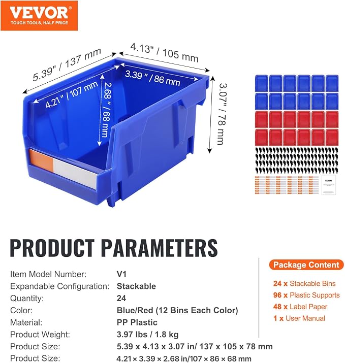 VEVOR Plastic Storage Bins 24 Pack (5 x 4 x 3-Inch), Hanging Stackable Storage Organizer Bins, Heavy Duty Stacking Containers for Closet, Garage, Office, or Small Parts Organization - Image 7