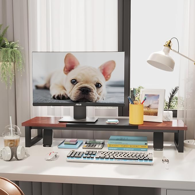 YAOHUOO Dual Monitor Stand Riser, 39Inch Large Monitor Stands for 2 Monitors, Computer Monitor Stand, Wooden Desktop Oraganizer Shelf for Office Desk Computer,Laptop,TV - Image 4