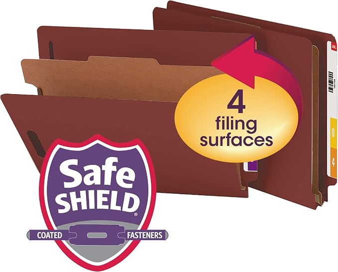 Smead 100% Recycled End Tab Pressboard Classification File Folder with SafeSHIELD Fasteners, 1 Divider, 2" Expansion, Legal Size, Red, 10 per Box (29855) - Image 2