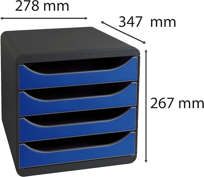 Exacompta - Ref 310703D - BIG-BOX Desktop Drawer Set - 4 x 55mm Drawers, Suitable for A4+ Documents, 347 x 278 x 267mm, 100% Recycled Plastic - Black/Royal Blue - Image 3
