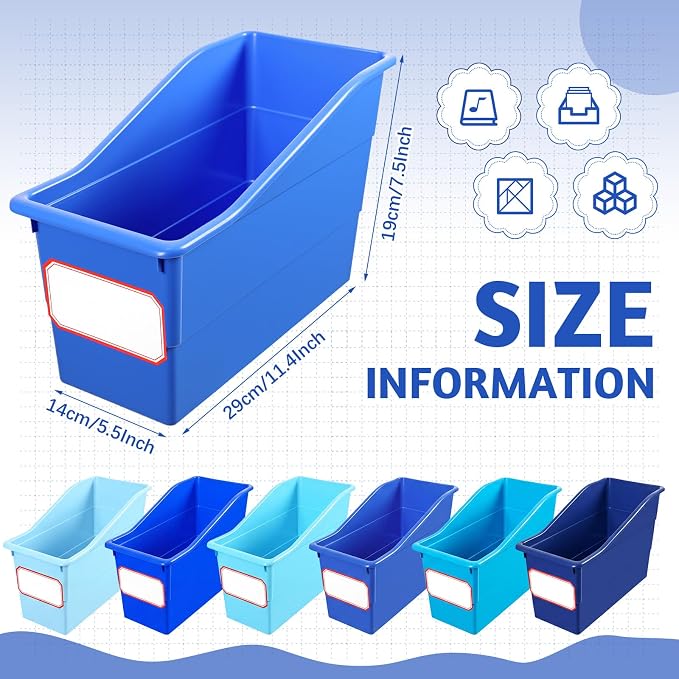 Teling 12 Pcs Book Bins Bulk for Classroom Storage Plastic Magazine Holder with Label Interlocking File Folder Organizer Binder Container Box for School Office Desktop Bookshelf Home (Ocean Blue) - Image 2