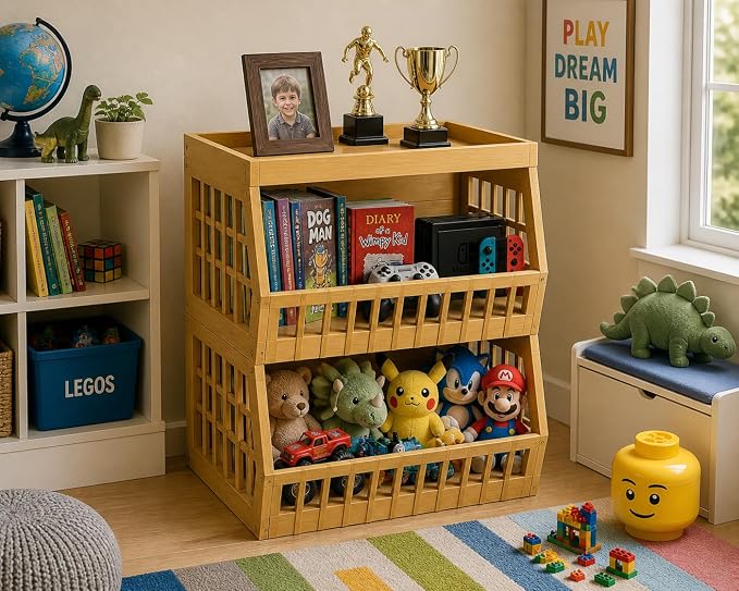 Bamboo Stackable, Open Front, Large Storage Bins With Tray Lid -Set of 2 - Image 5