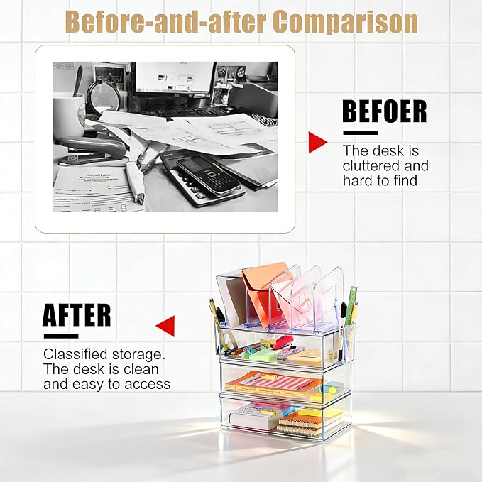 LALOBLUE Acrylic Desk Organizer with 4-Vertical File Holder Rack, 3-Clear Drawer and 2 Pen Holders, Desktop Storage for Office Desk Accessories School Classroom Organization (Clear) - Image 7