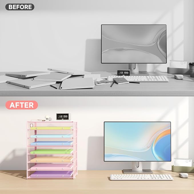 Paper Organizer with Handle Metal Mesh File Sorter Large Capacity Desk Organizers Paper Letter Tray Desktop Document Sorter for Office or Home2 Pack 8 Tier Pink Storage for Desk - Image 7