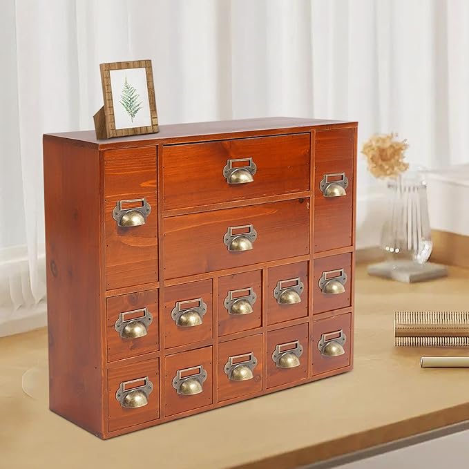 Vintage 14-Drawer Wooden Desk Organizer - Stackable Craft Storage Drawers - Rustic Desk Storage Box with Drawers - Multilevel Apothecary Cabinet - Ideal Home Office Organizers and Accessories - Brown - Image 3