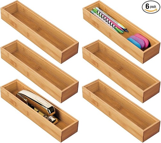 mDesign Slim Wooden Bamboo Drawer Organizer for Office - 12" Long Stackable Storage Box Tray for Desk Drawers/Cabinet - Junk Drawer and Accessories Organization - Echo Collection, 6 Pack, Natural Wood by mDesign