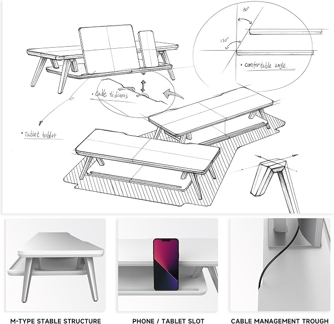 Fenge Monitor Stand Riser, Wooden Desk Shelf with 2-Tier Storage | 23.6-Inch Wide, Sturdy Aluminum Legs, Built-In Phone & Tablet Slot, Desktop Organizer for Office Accessories - Image 5