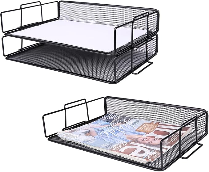 Exerz Letter Trays Stackable Paper Sorter/Desk Organiser/File Tray for Desk - Wire Mesh Metal File Rack - Office, School, Home Study (Black 2pcs) | Two Tier Metal Mesh Stackable Saves Desk Space Holds A4 Papers Folders Notebooks Magazines For Office Ho... - Image 8