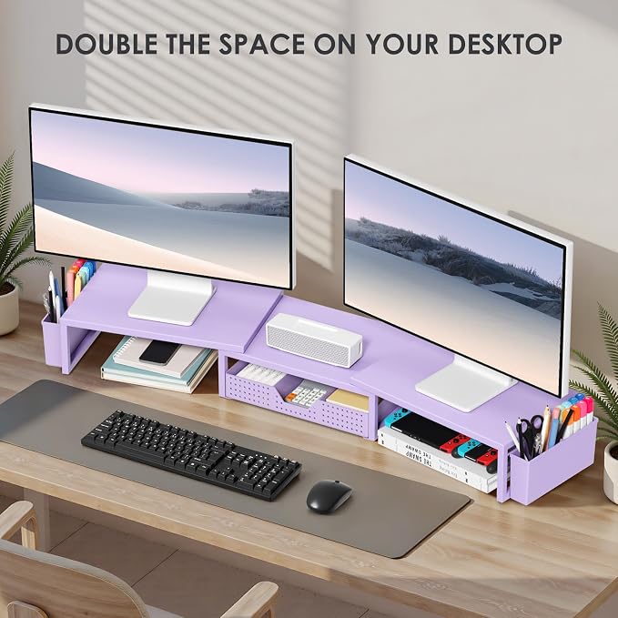 Desk Organizers and Accessories, Dual Monitor Stand Riser with Drawer and 2 Pen Holders, Desk Shelf Computer Racks for Office Workspace Organizers, Desktop Organization (Purple) - Image 4
