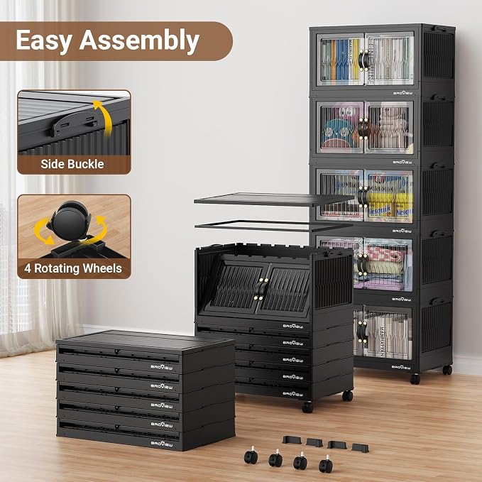 BROVIEW 240Qt Stackable Storage Bins with Lid, Extra Large Closet Organizer Collapsible Drawer Boxes with Wheels, Folding Plastic Cabinet Containers for Home Kitchen Room Organization, 3Pack Black - Image 7