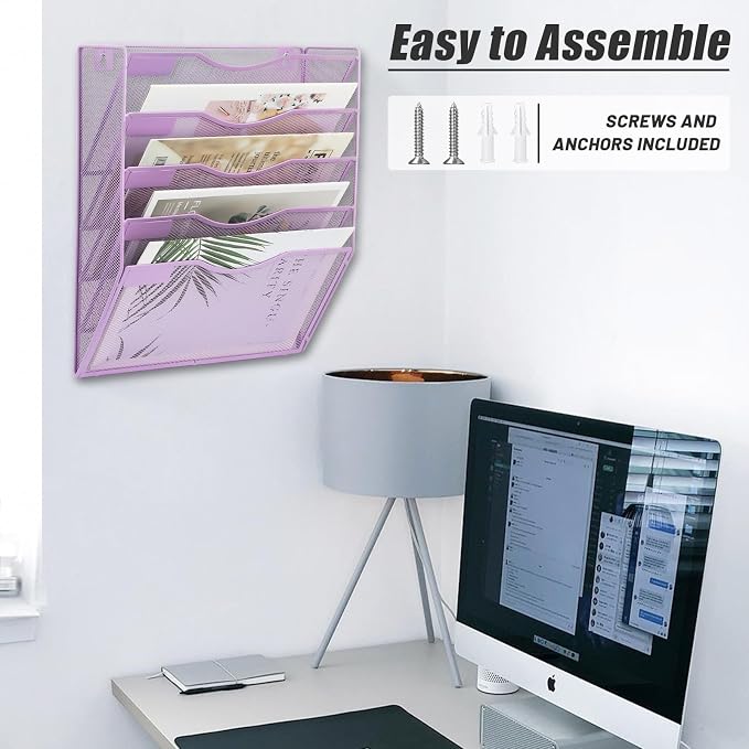 5 Pocket Mesh Hanging Wall File Organizer, Wall Mounted Mail Paper Document Folder Holder, Clipboard Storage Organization Magazine Rack with Nametag Label for Office Home School, Light Purple - Image 6
